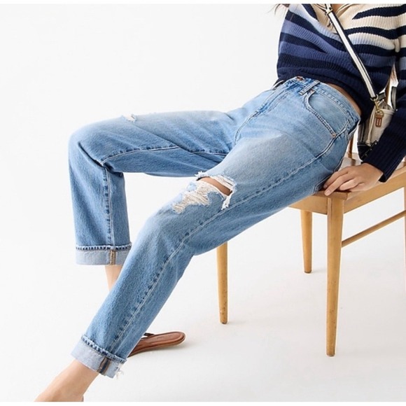 J Crew Slouchy Boyfriend Jeans Medium Blue‎ Distressed Ripped Knees Size 26 - Picture 3 of 15
